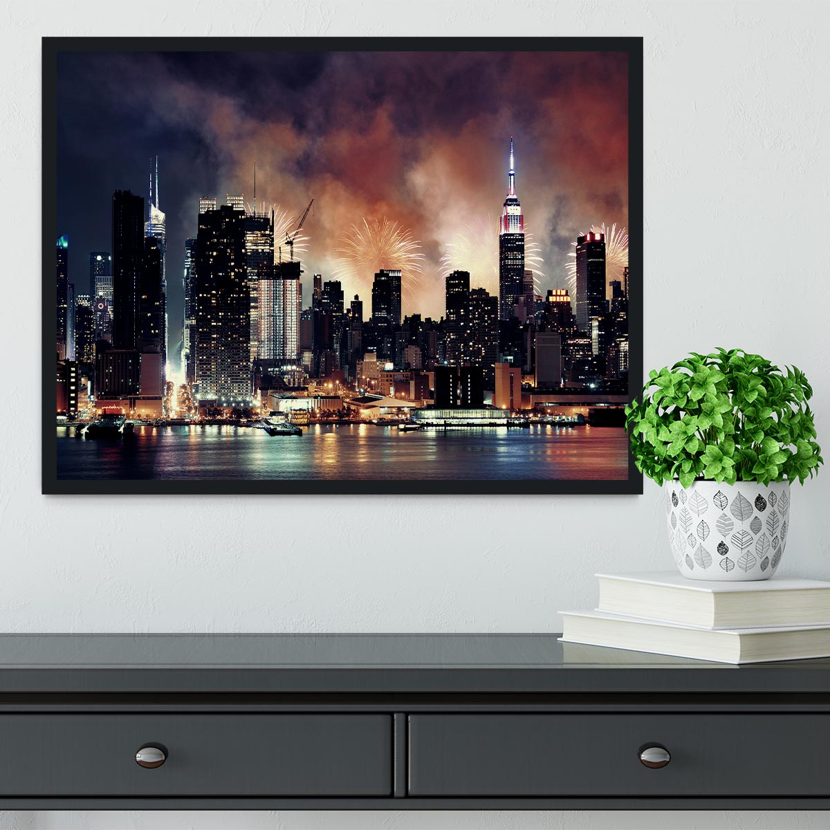 Fireworks show with Manhattan skyscrapers Framed Print - Canvas Art Rocks - 2
