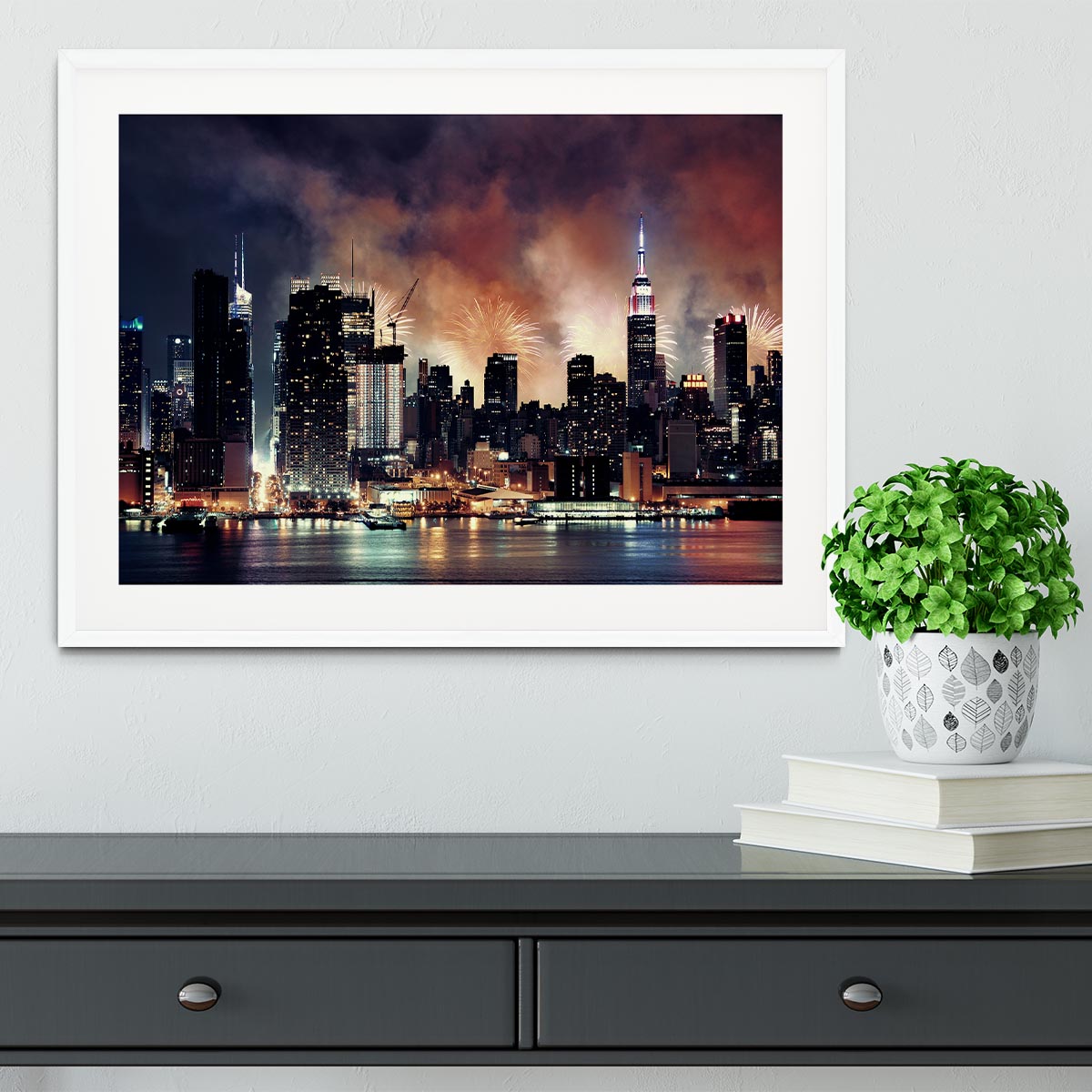 Fireworks show with Manhattan skyscrapers Framed Print - Canvas Art Rocks - 5