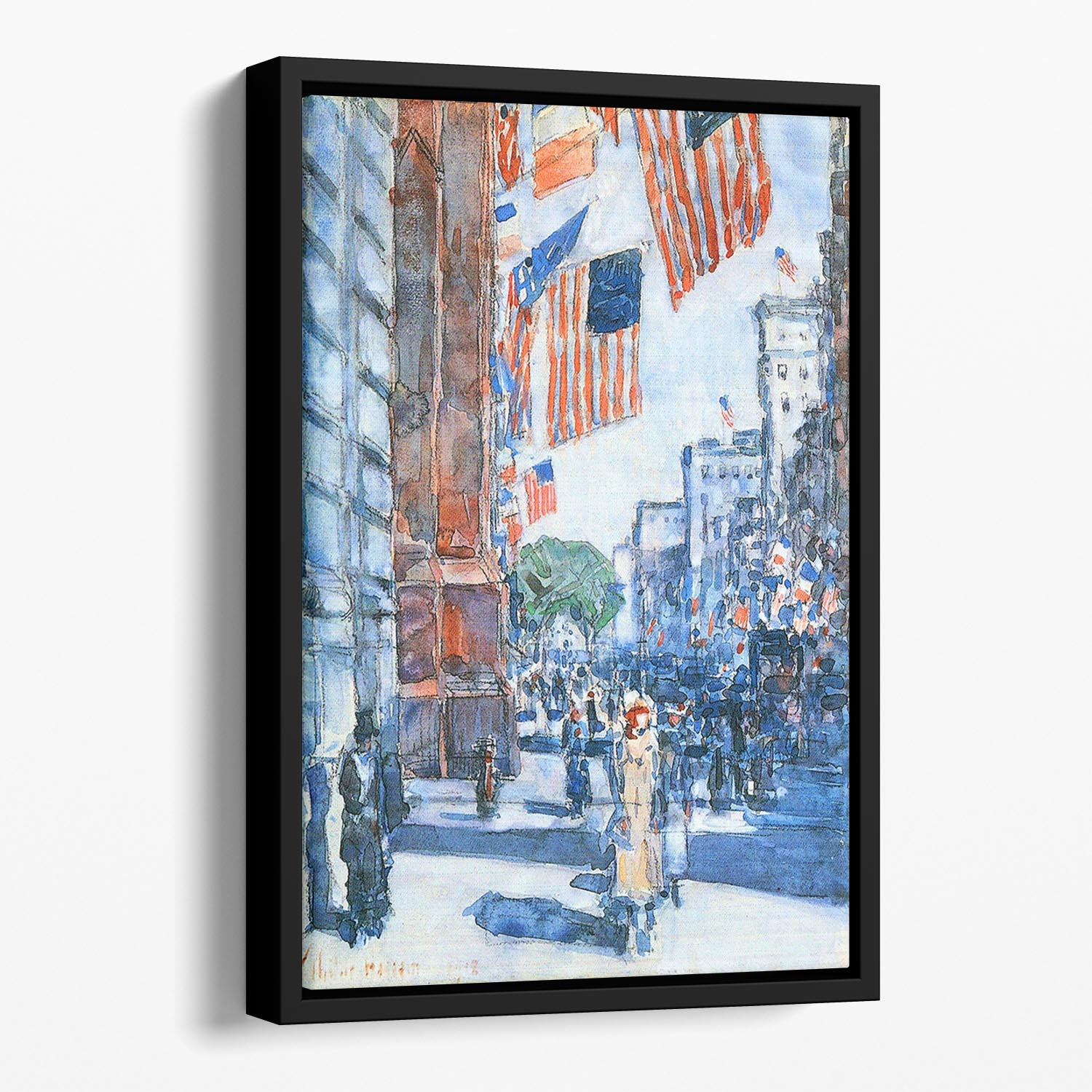 Flags Fifth Avenue by Hassam Floating Framed Canvas - Canvas Art Rocks - 1