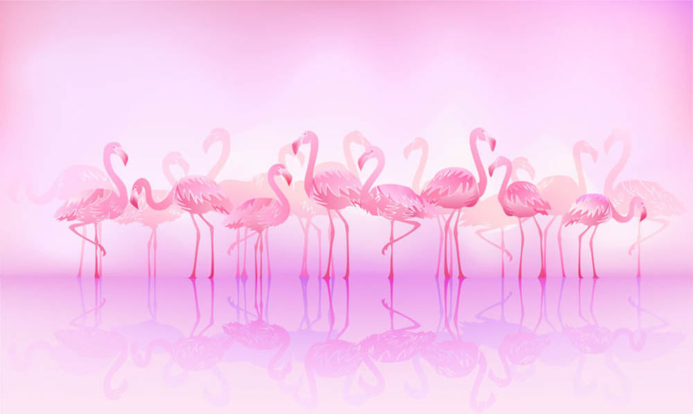 Flock of caribbean flamingos over a lake Wall Mural Wallpaper - Canvas Art Rocks - 1