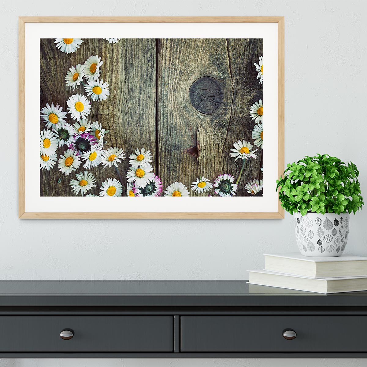 Fresh daisies on wood Framed Print - Canvas Art Rocks - 3