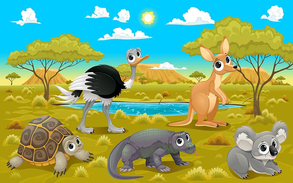 Funny cartoon Australian animals Wall Mural Wallpaper - Canvas Art Rocks - 1