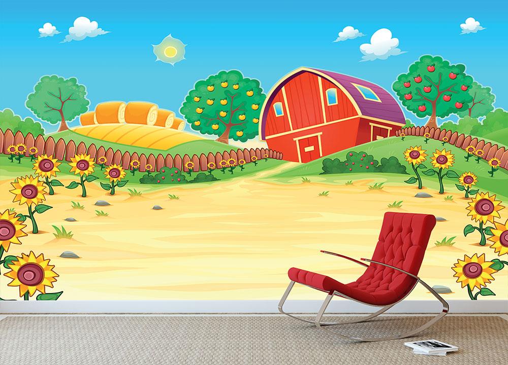 Funny landscape with the farm and sunflowers Wall Mural Wallpaper - Canvas Art Rocks - 3