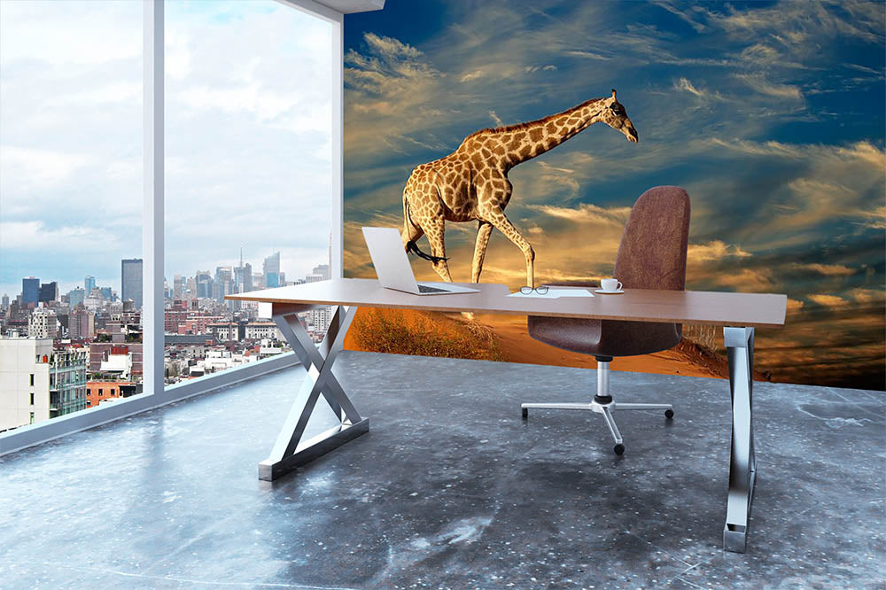 Giraffe walking on a sand dune with clouds South Africa Wall Mural Wallpaper - Canvas Art Rocks - 3