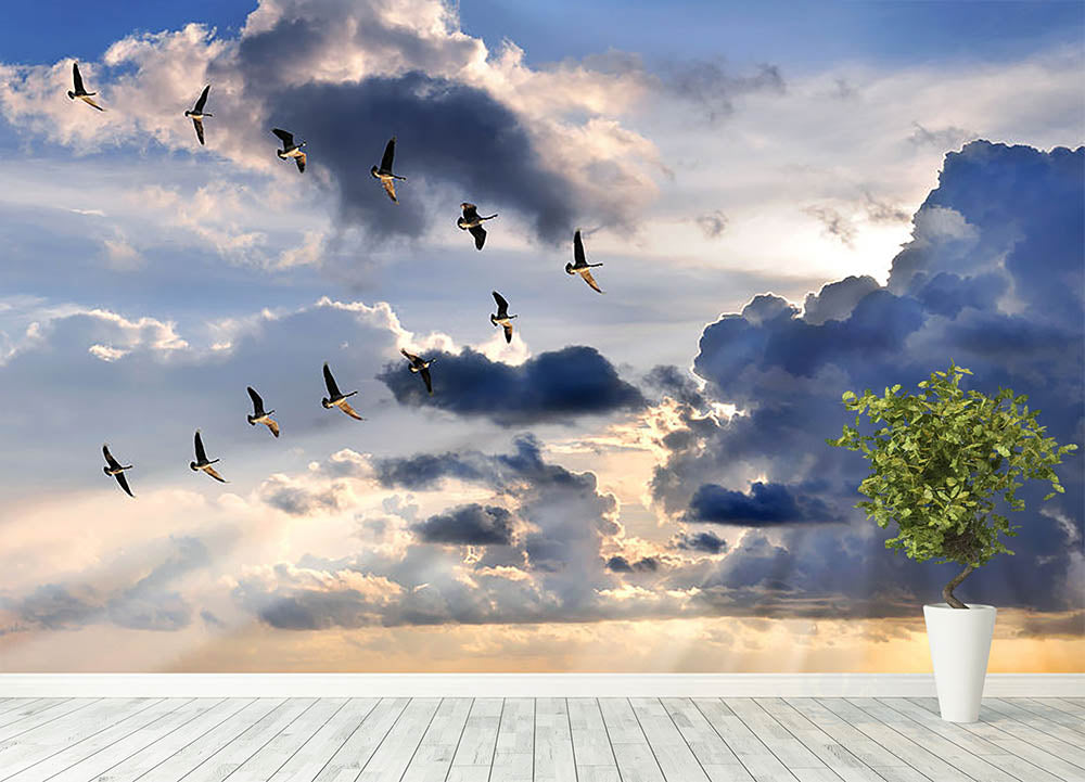 Group of Canadian geese flying in V-formation Wall Mural Wallpaper - Canvas Art Rocks - 4