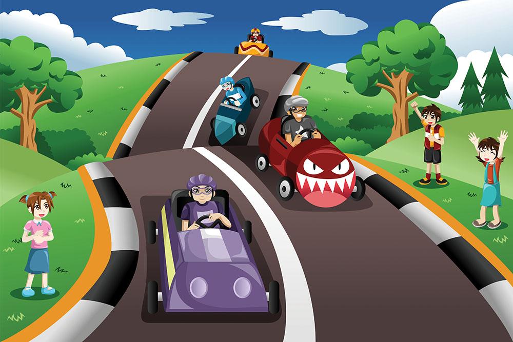 Happy kids in a box car race Wall Mural Wallpaper - Canvas Art Rocks - 1