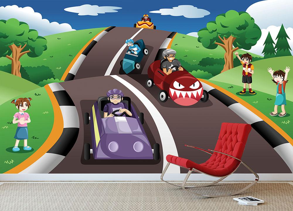 Happy kids in a box car race Wall Mural Wallpaper - Canvas Art Rocks - 3