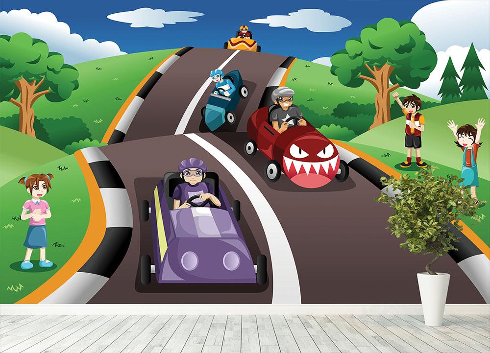 Happy kids in a box car race Wall Mural Wallpaper - Canvas Art Rocks - 4