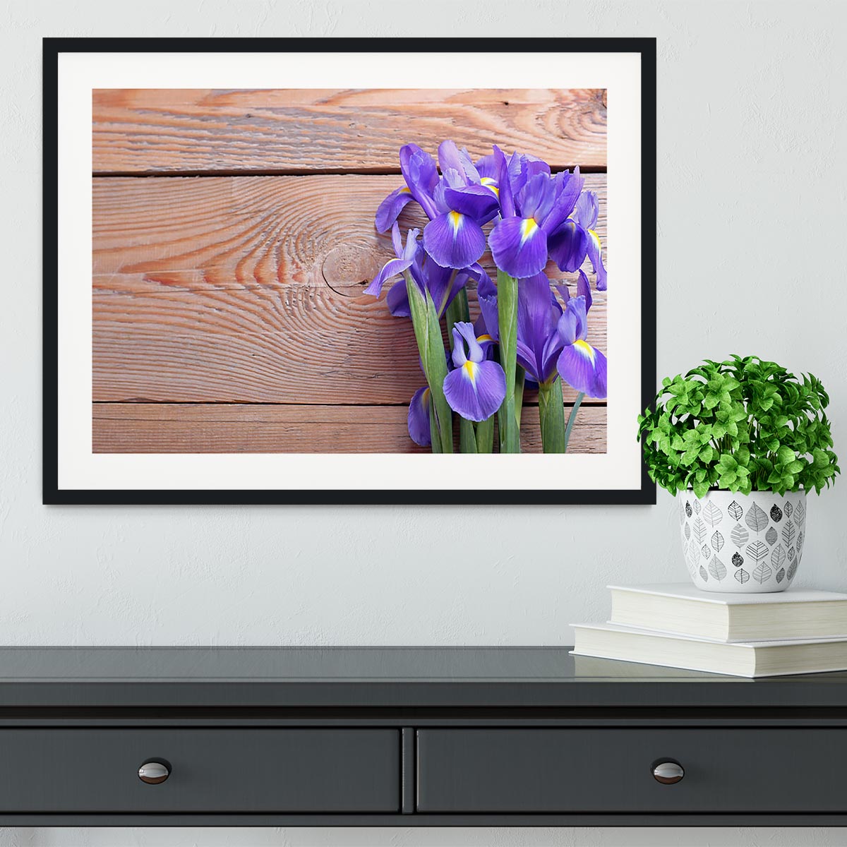 Iris on an old wooden background Framed Print - Canvas Art Rocks - 1
