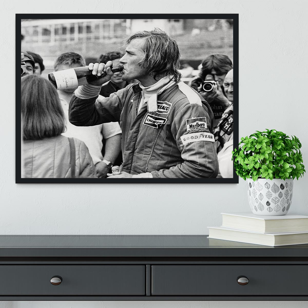 James Hunt swigging champagne Framed Print - Canvas Art Rocks - 2