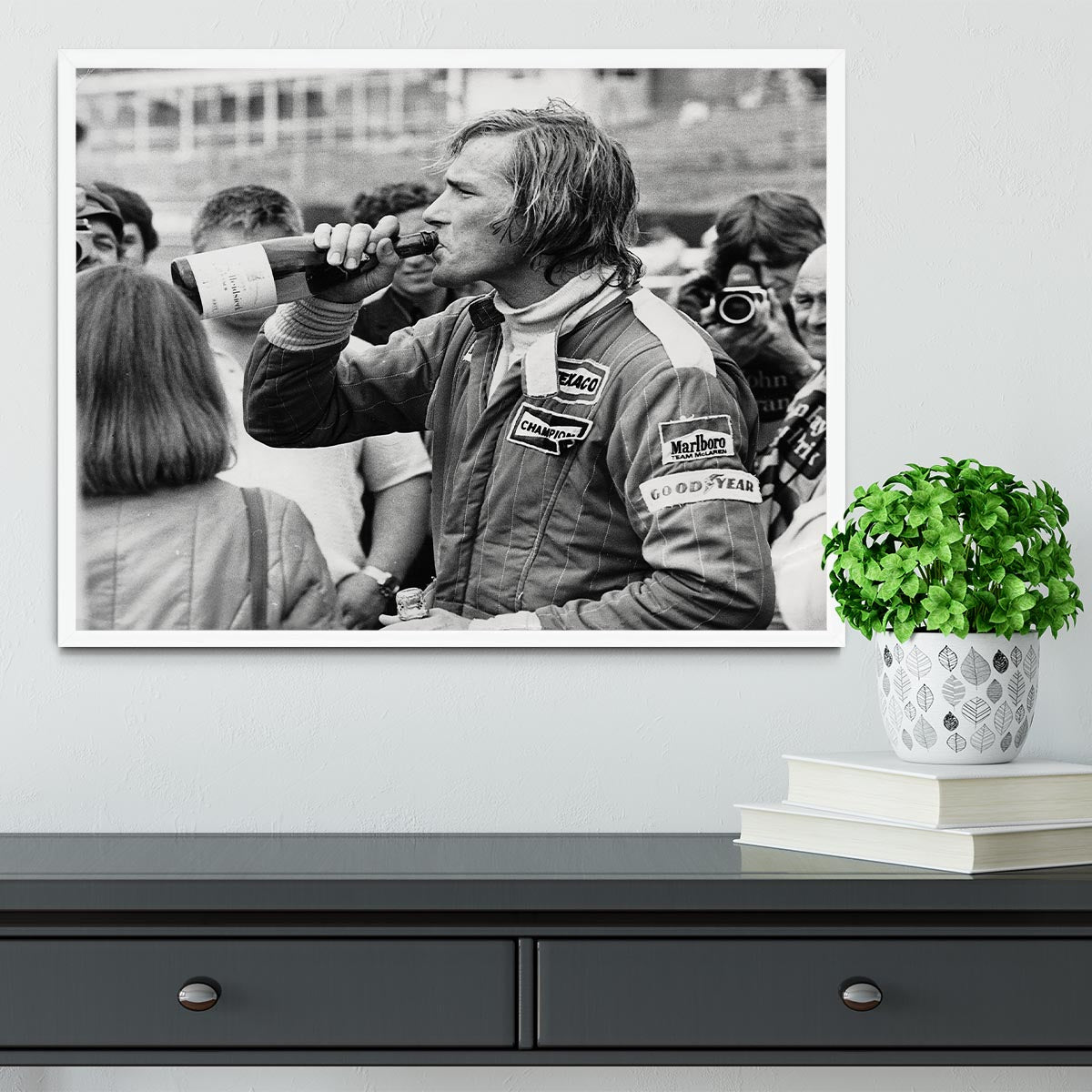 James Hunt swigging champagne Framed Print - Canvas Art Rocks -6