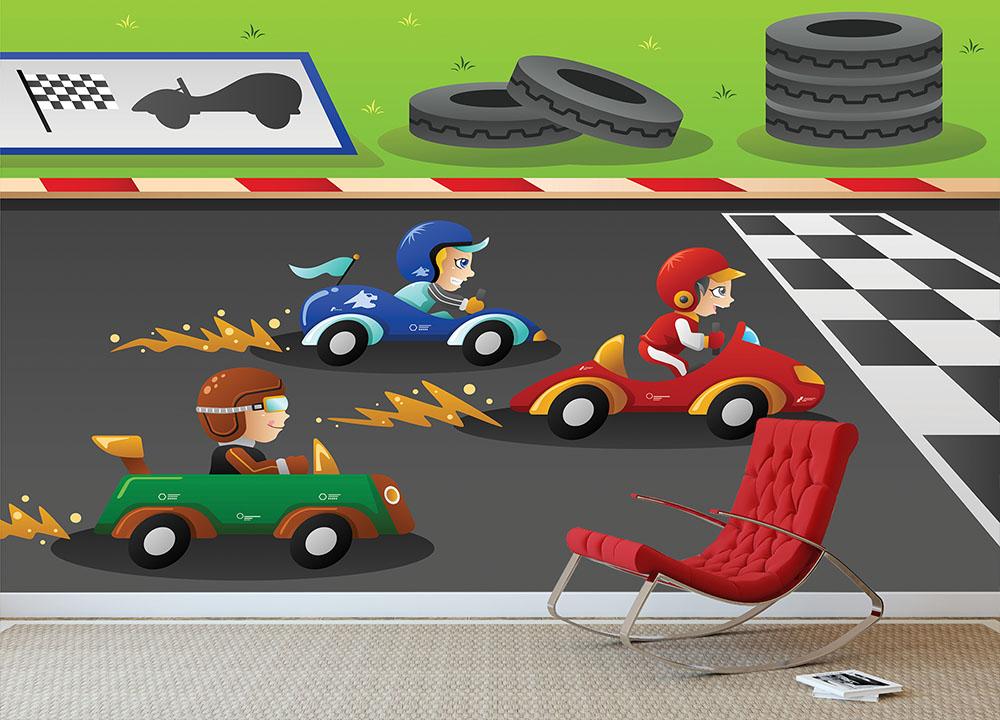 Kids in a car racing Wall Mural Wallpaper - Canvas Art Rocks - 3