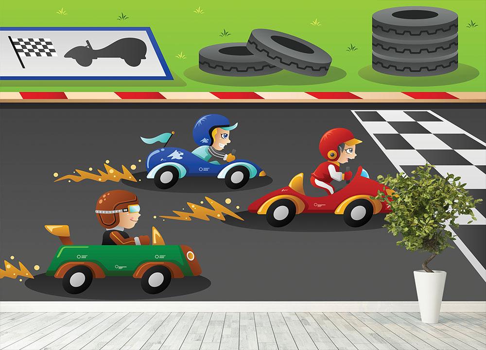 Kids in a car racing Wall Mural Wallpaper - Canvas Art Rocks - 4