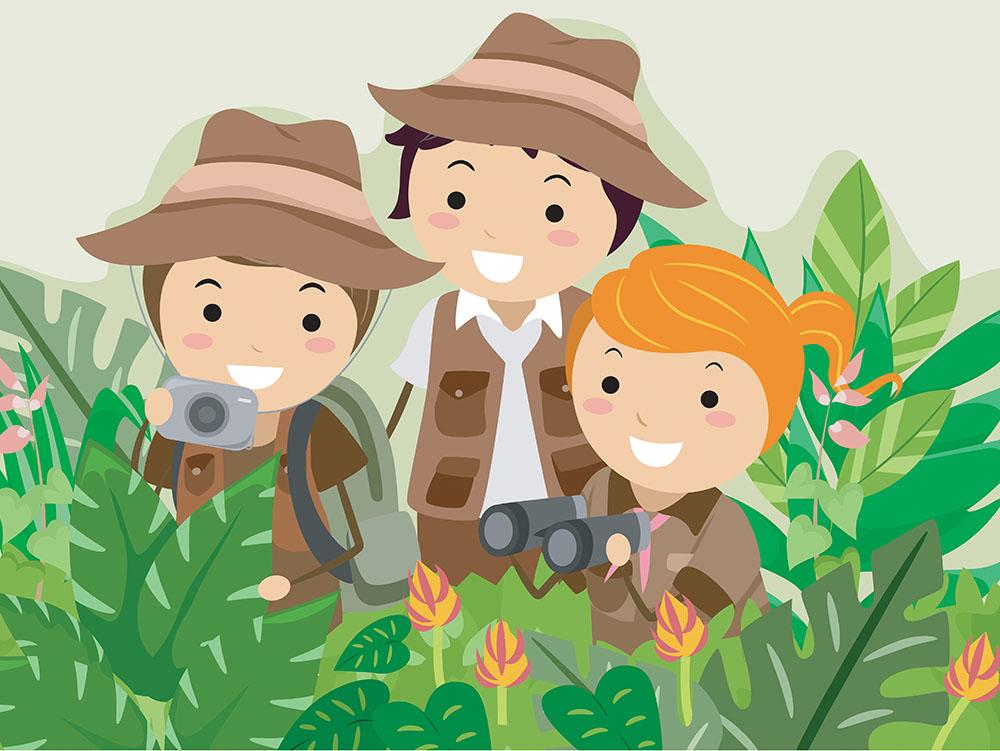 Kids on a Safari Adventure Wall Mural Wallpaper - Canvas Art Rocks - 1