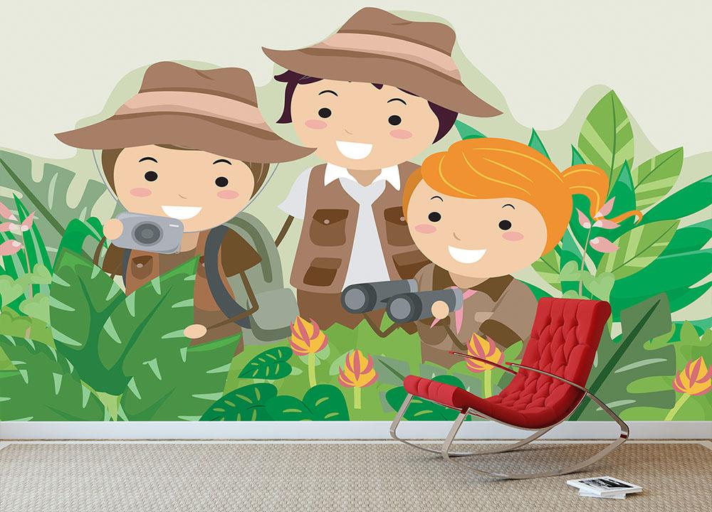 Kids on a Safari Adventure Wall Mural Wallpaper - Canvas Art Rocks - 3