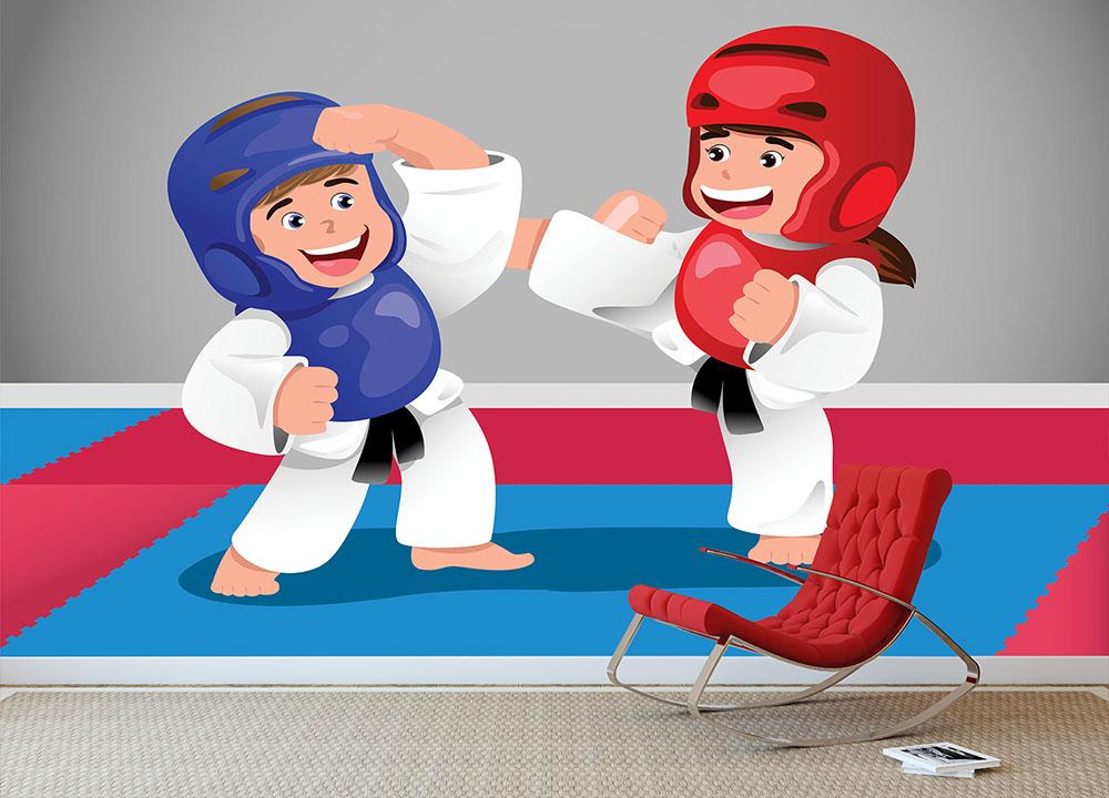 Kids practicing taekwondo in a dojo Wall Mural Wallpaper - Canvas Art Rocks - 3