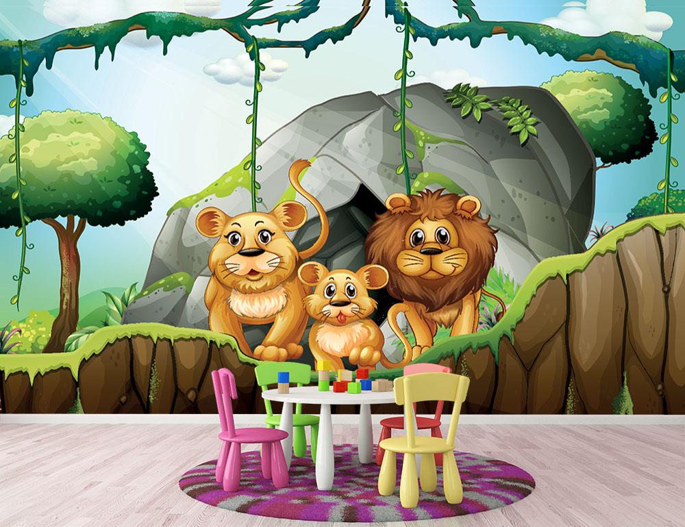 Lion family living in the jungle Wall Mural Wallpaper | Canvas Art Rocks