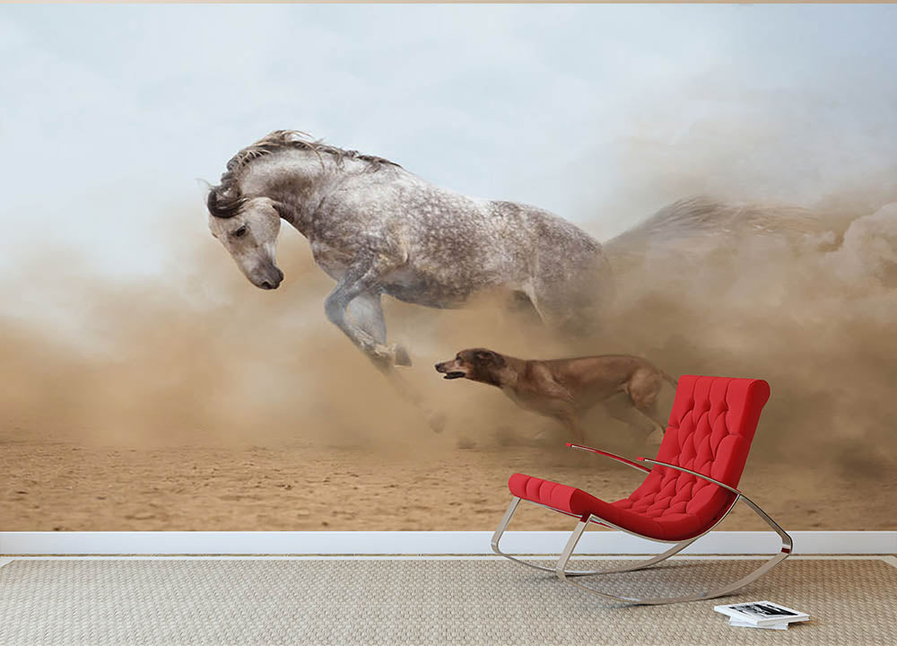 Lusitanian horse is playing with the Rhodesian Ridgeback dog Wall Mural Wallpaper - Canvas Art Rocks - 2