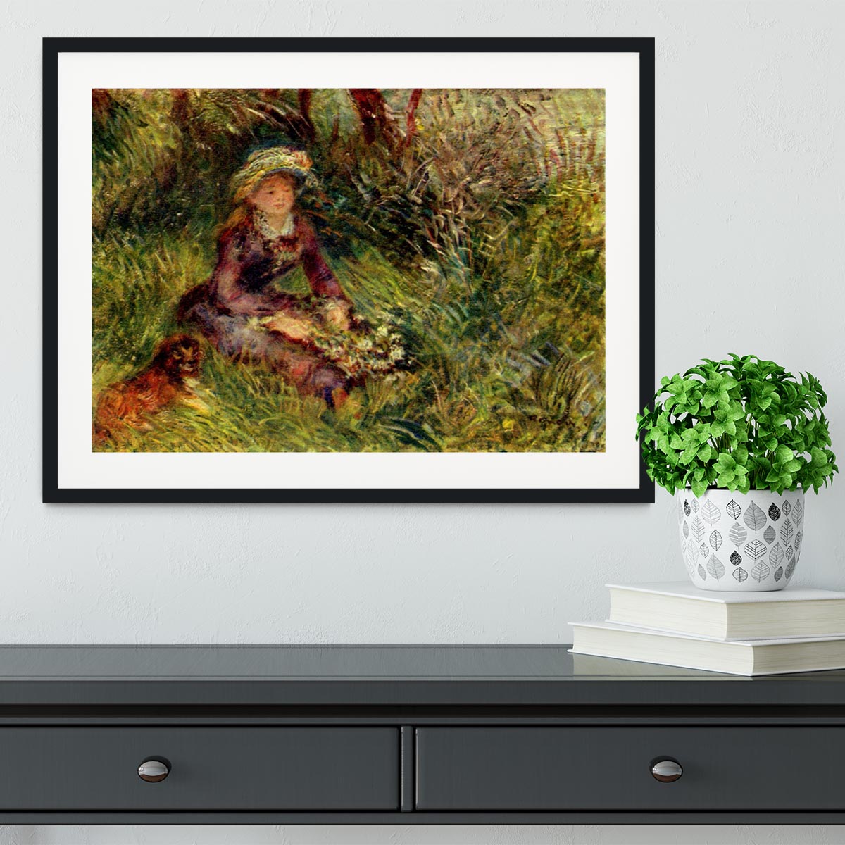 Madame Renoir with dog by Renoir Framed Print - Canvas Art Rocks - 1