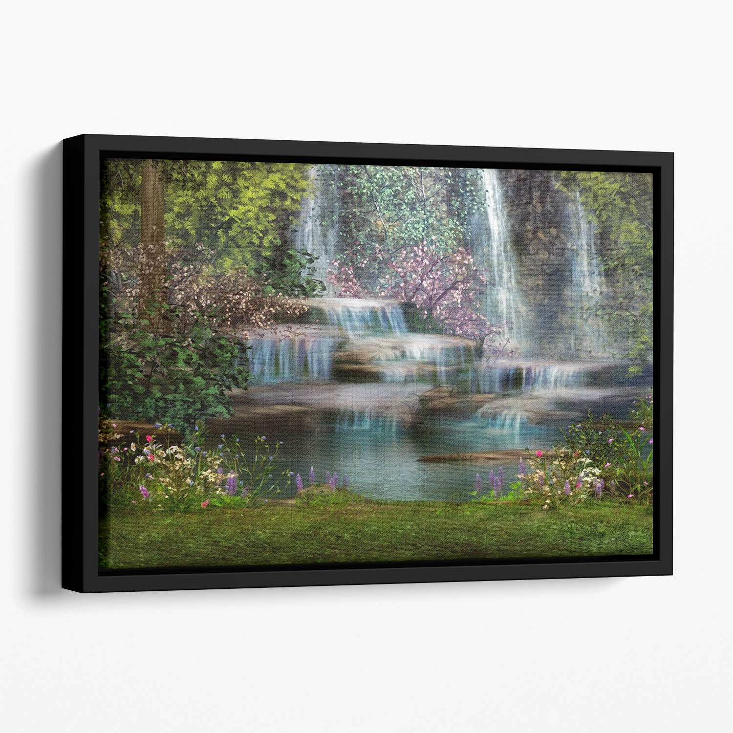Magical landscape with waterfalls Floating Framed Canvas