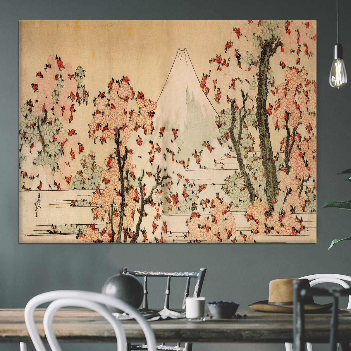 Mount Fuji behind cherry trees and flowers by Hokusai Canvas Print or Poster - Canvas Art Rocks - 3
