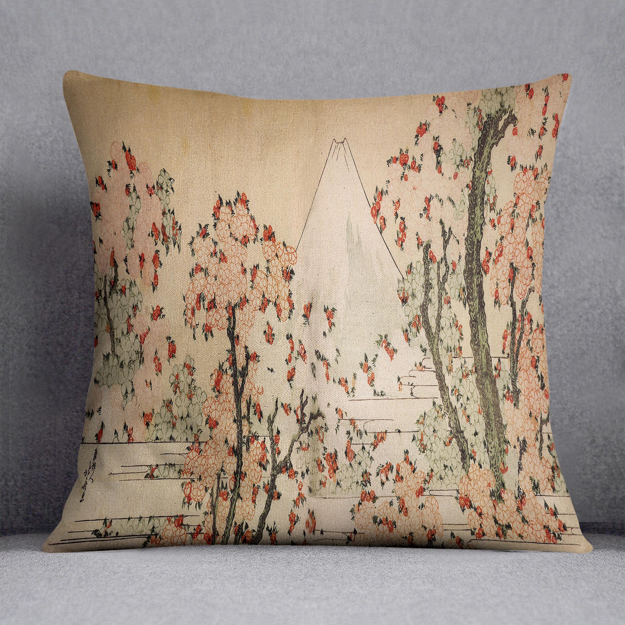 Mount Fuji behind cherry trees and flowers by Hokusai Cushion