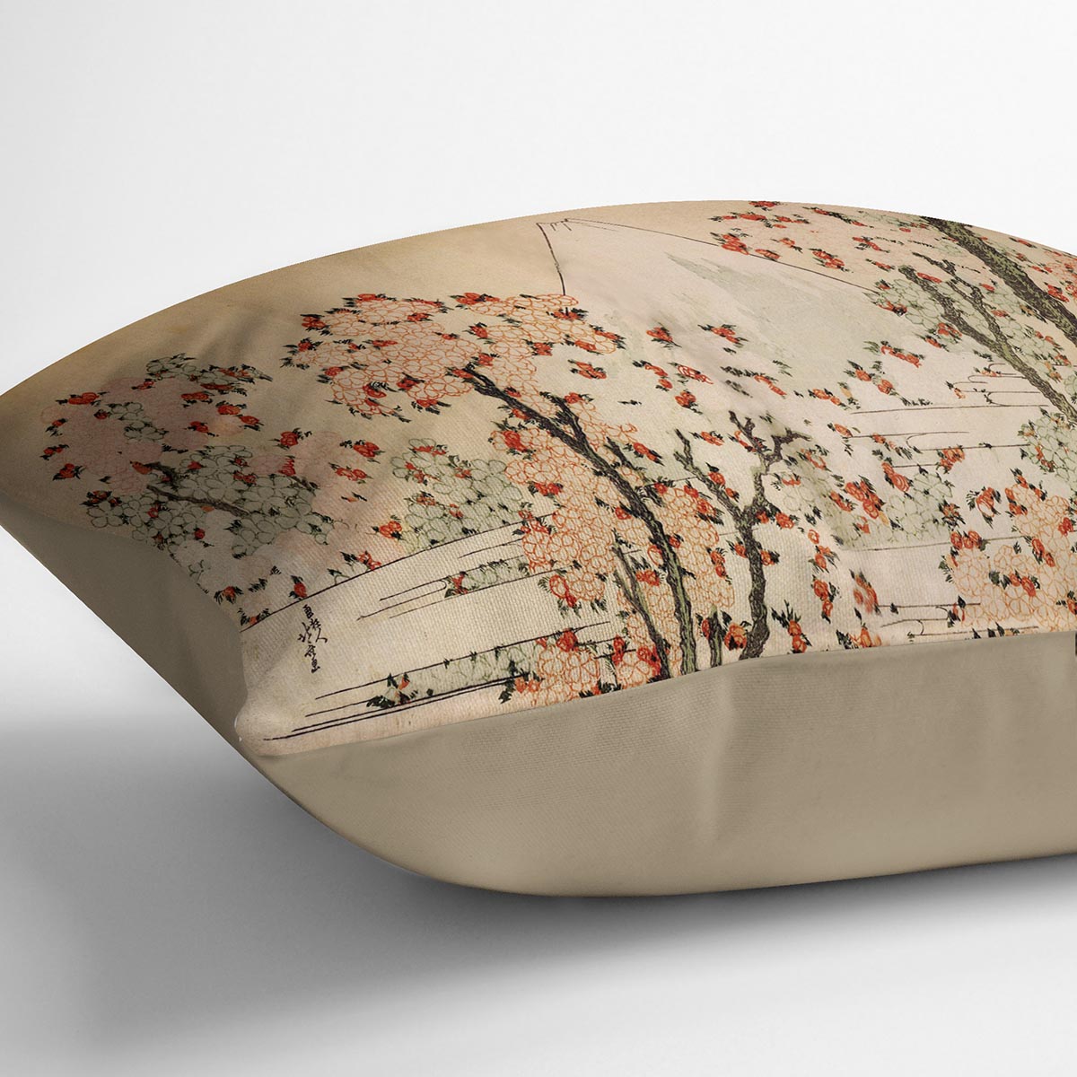 Mount Fuji behind cherry trees and flowers by Hokusai Cushion