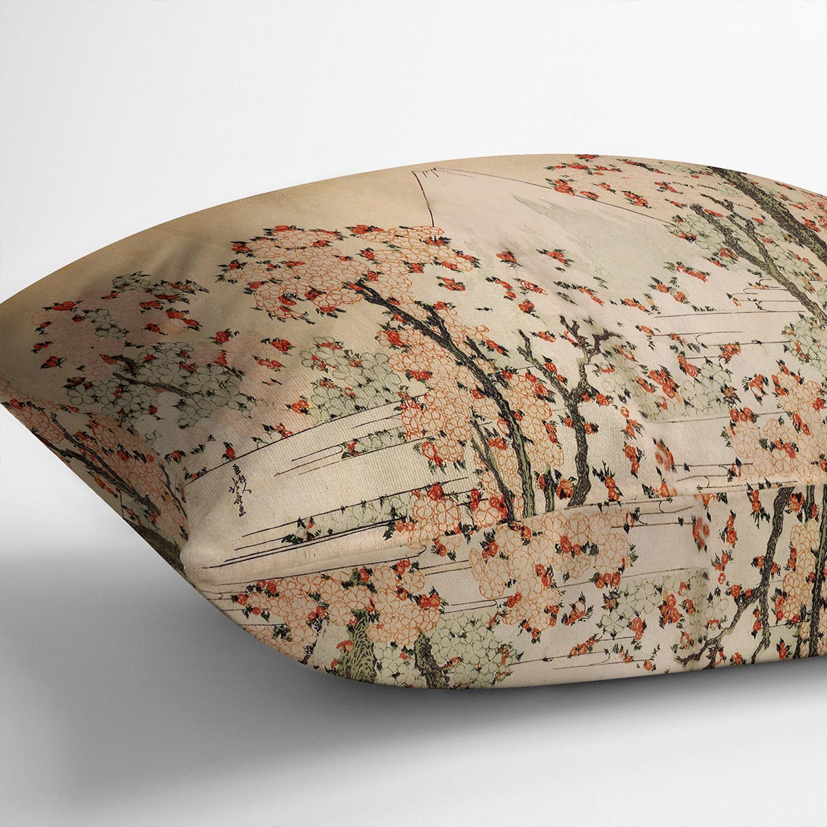 Mount Fuji behind cherry trees and flowers by Hokusai Cushion