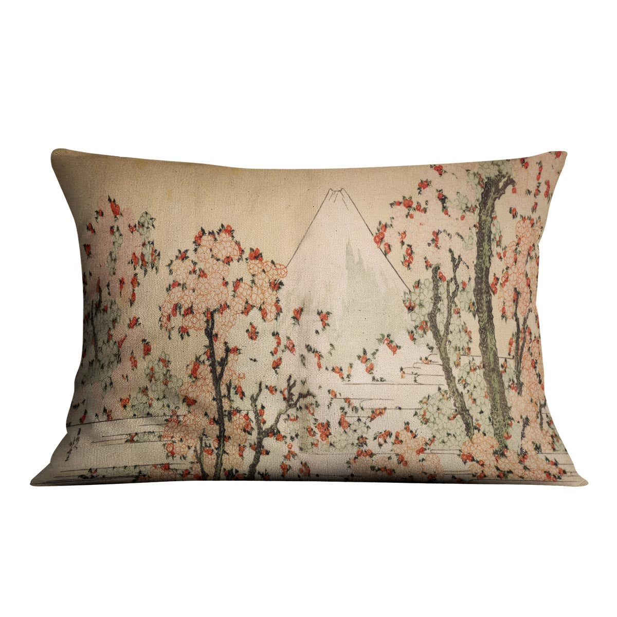 Mount Fuji behind cherry trees and flowers by Hokusai Cushion