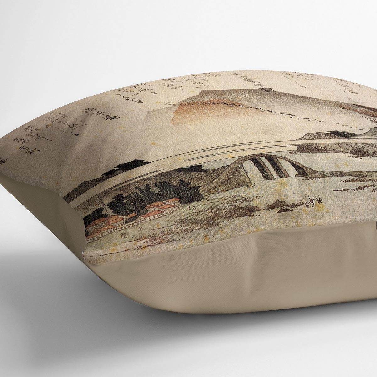 Mountain landscape with a bridge by Hokusai Cushion
