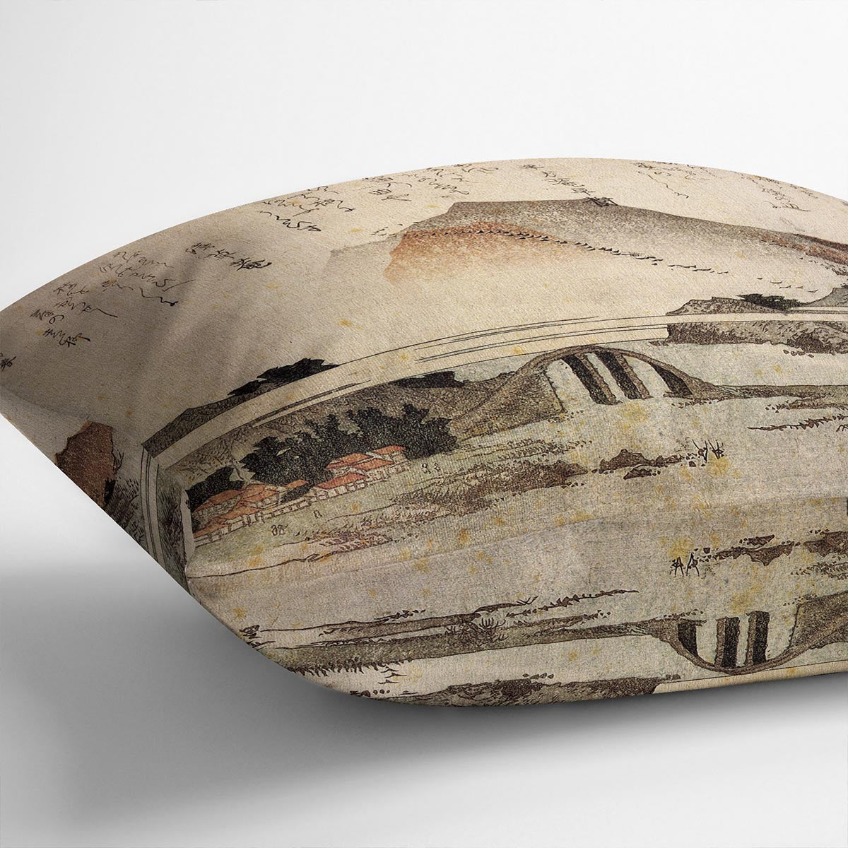 Mountain landscape with a bridge by Hokusai Cushion