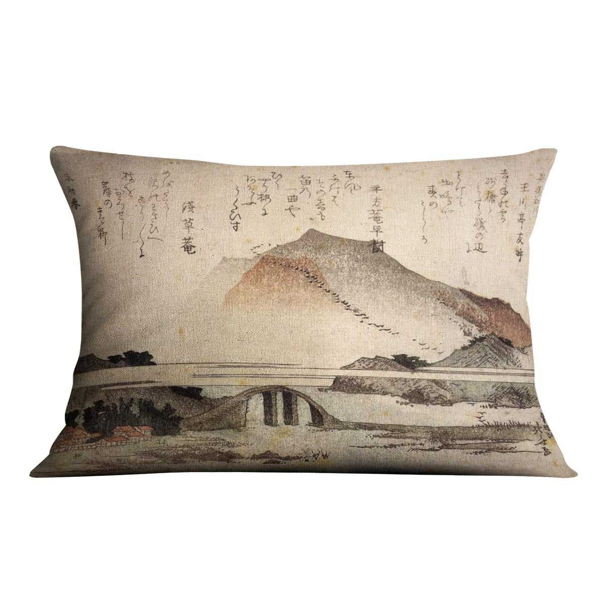 Mountain landscape with a bridge by Hokusai Cushion