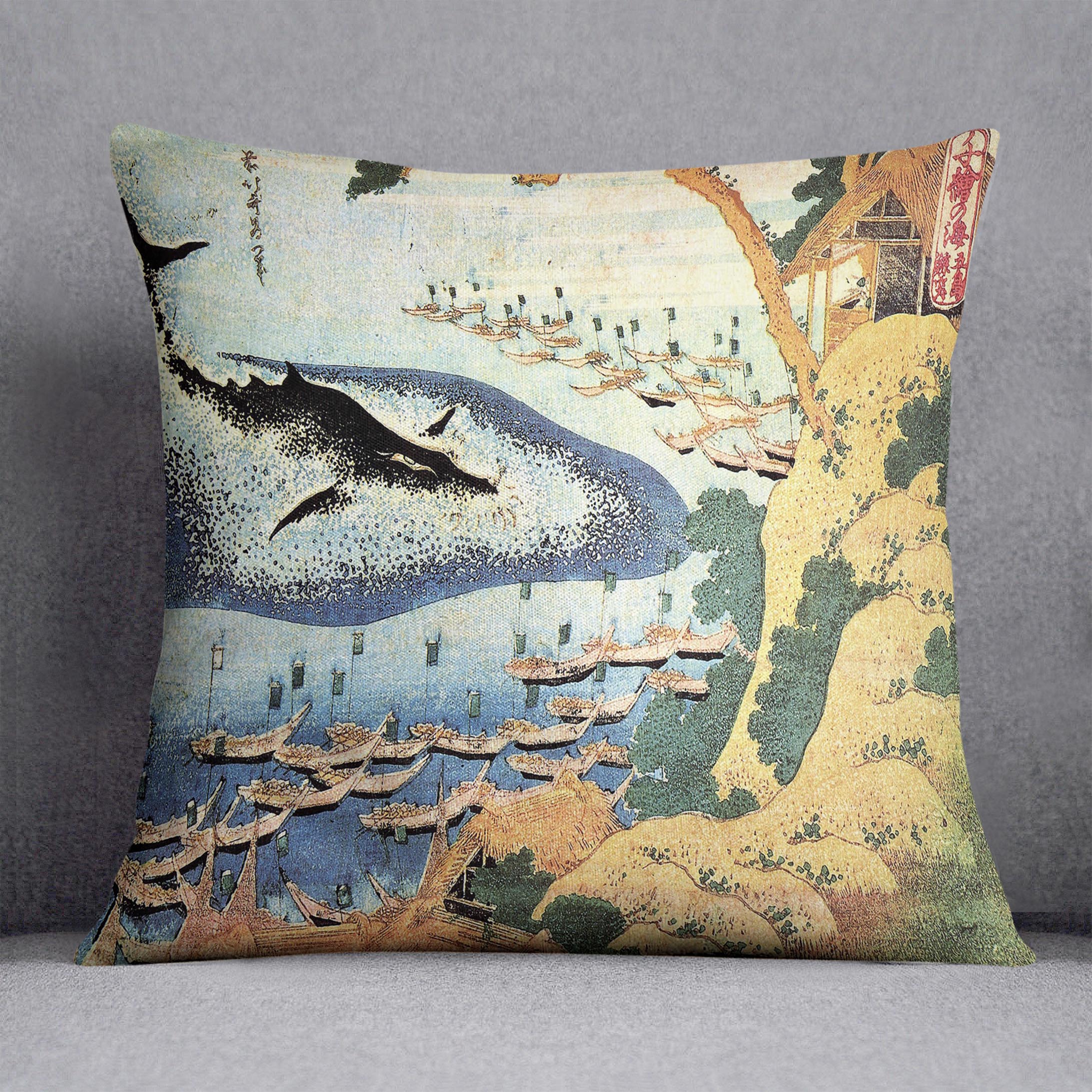 Ocean landscape and whale by Hokusai Cushion