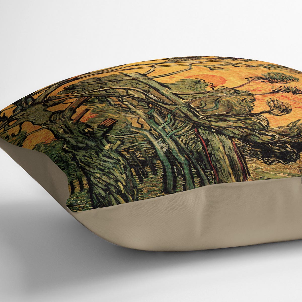 Pine Trees against a Red Sky with Setting Sun by Van Gogh Cushion