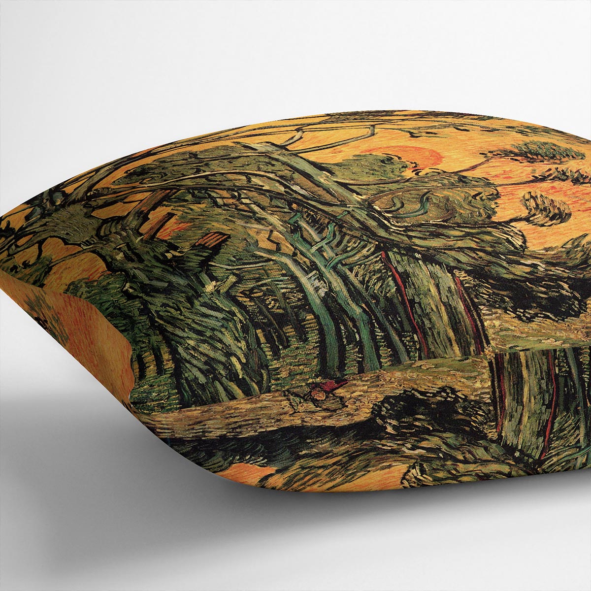 Pine Trees against a Red Sky with Setting Sun by Van Gogh Cushion