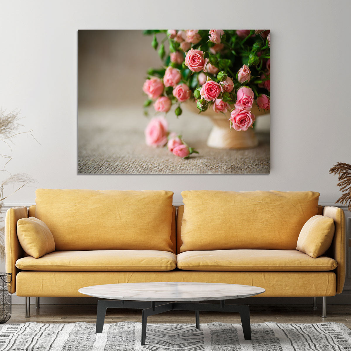 Pink roses on an old table of burlap Canvas Print or Poster - Canvas Art Rocks - 4