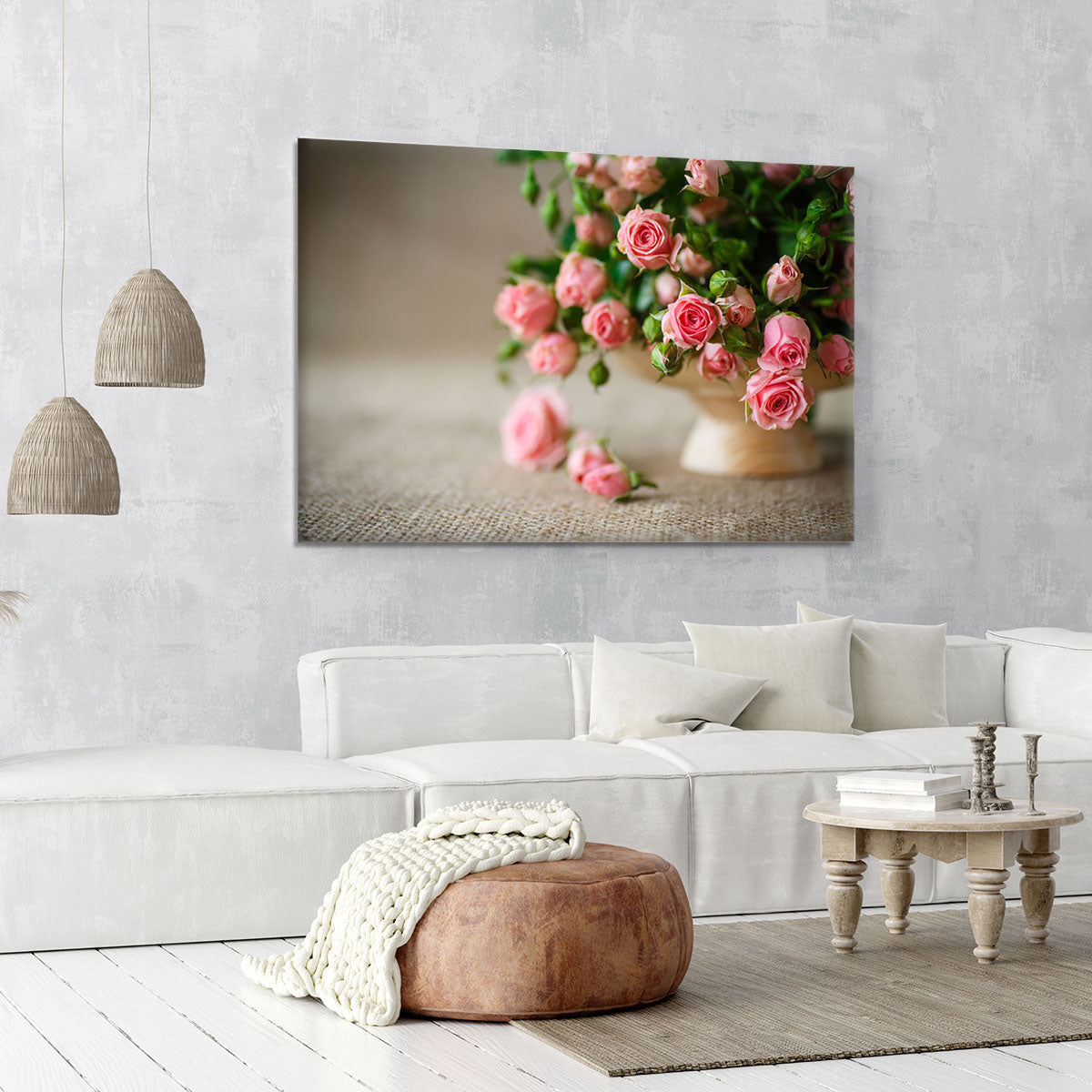 Pink roses on an old table of burlap Canvas Print or Poster - Canvas Art Rocks - 6