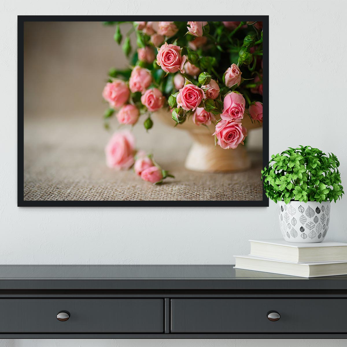 Pink roses on an old table of burlap Framed Print - Canvas Art Rocks - 2