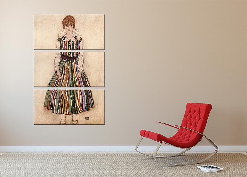Portrait of Edith Egon Schiele in a striped dress by Egon Schiele 3 Split Panel Canvas Print - Canvas Art Rocks - 2