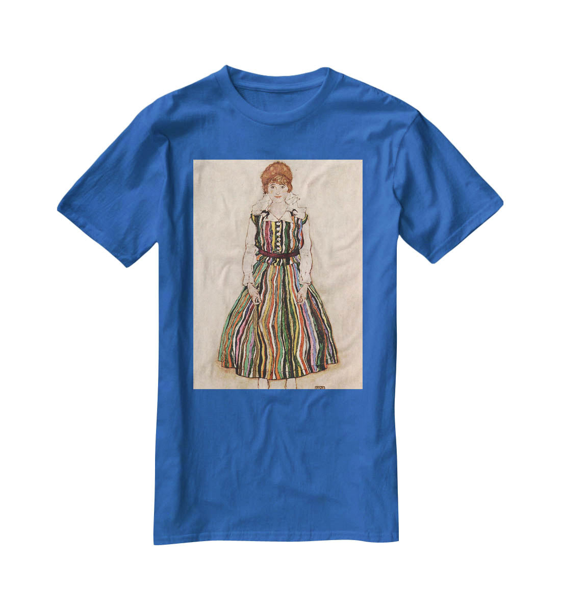 Portrait of Edith Egon Schiele in a striped dress by Egon Schiele T-Shirt - Canvas Art Rocks - 2