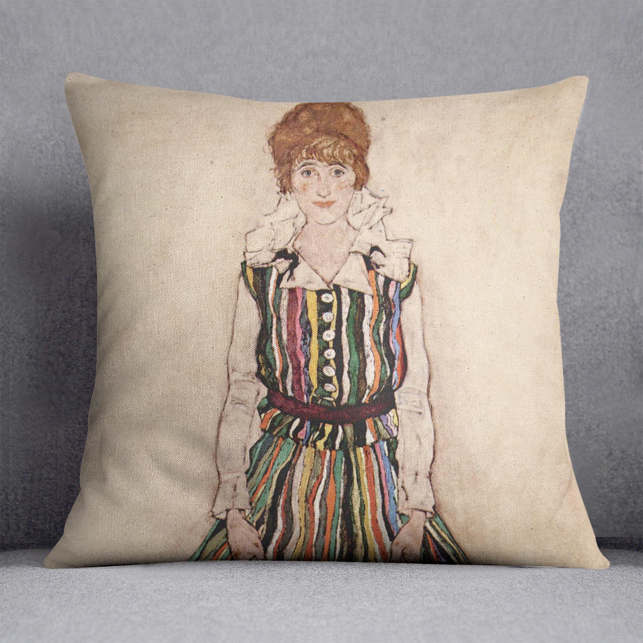 Portrait of Edith Egon Schiele in a striped dress by Egon Schiele Cushion