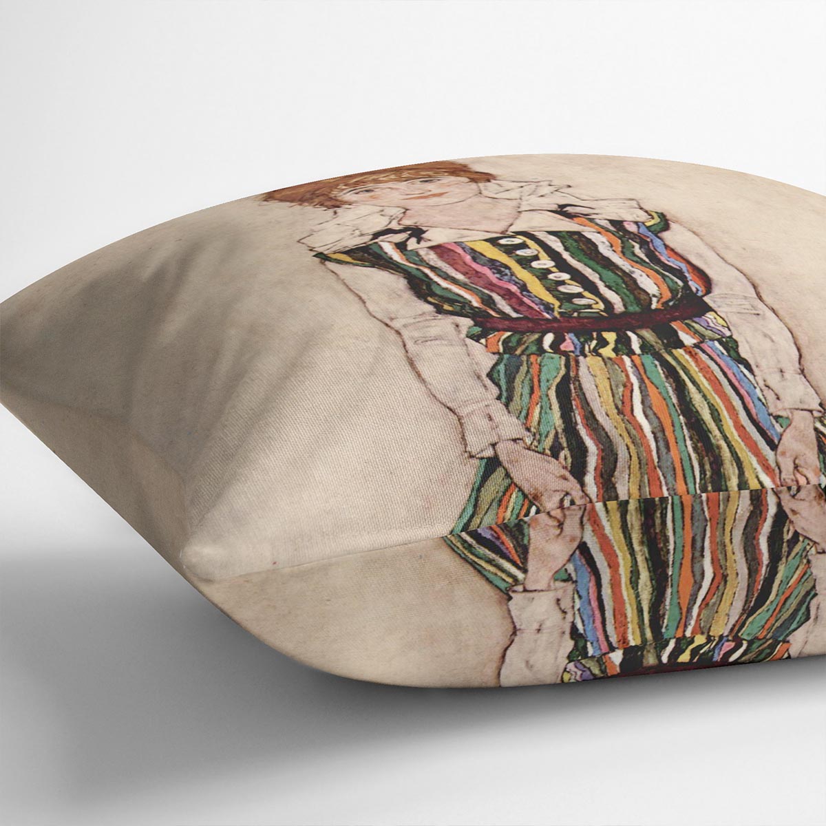 Portrait of Edith Egon Schiele in a striped dress by Egon Schiele Cushion