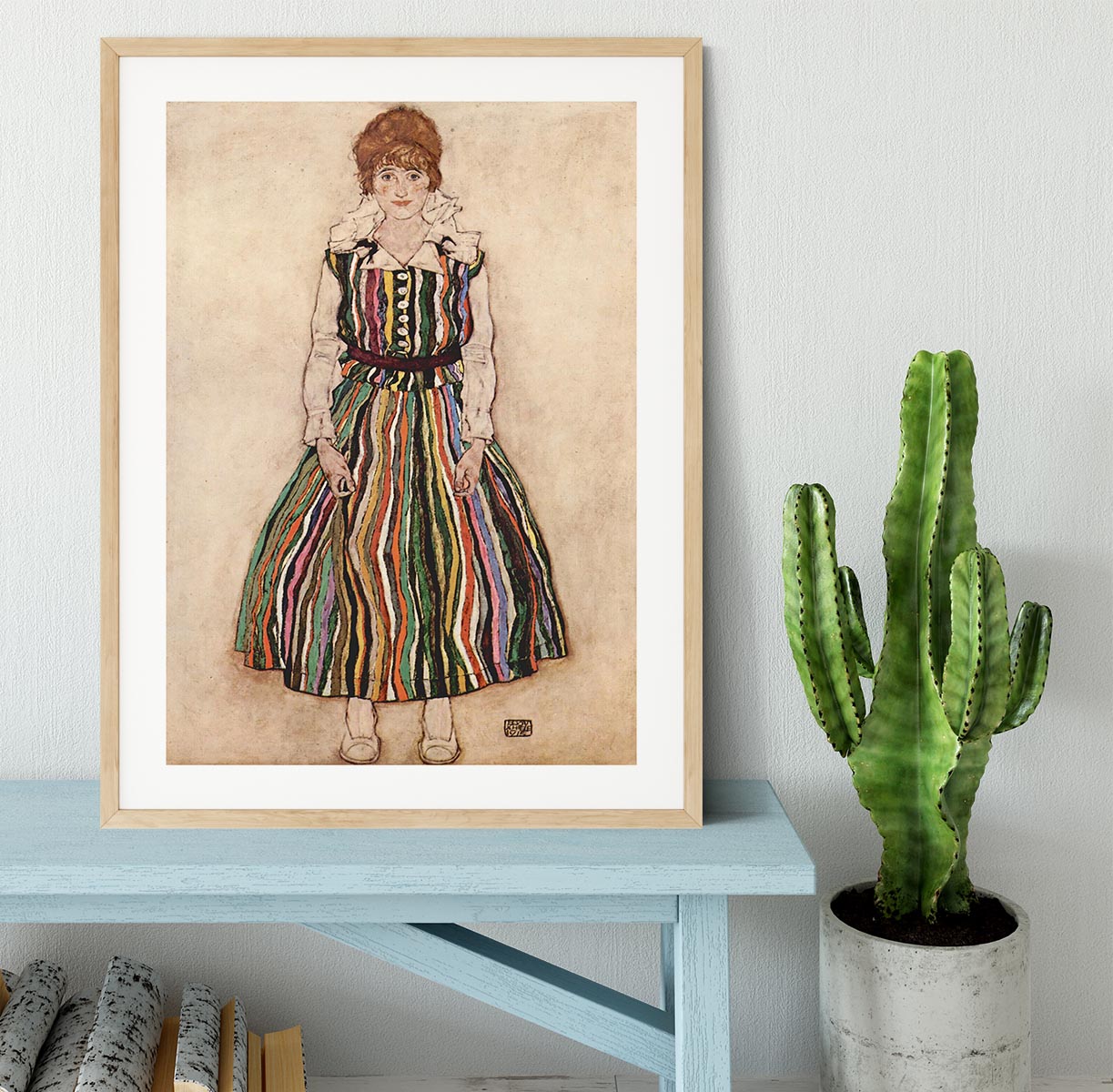 Portrait of Edith Egon Schiele in a striped dress by Egon Schiele Framed Print - Canvas Art Rocks - 3