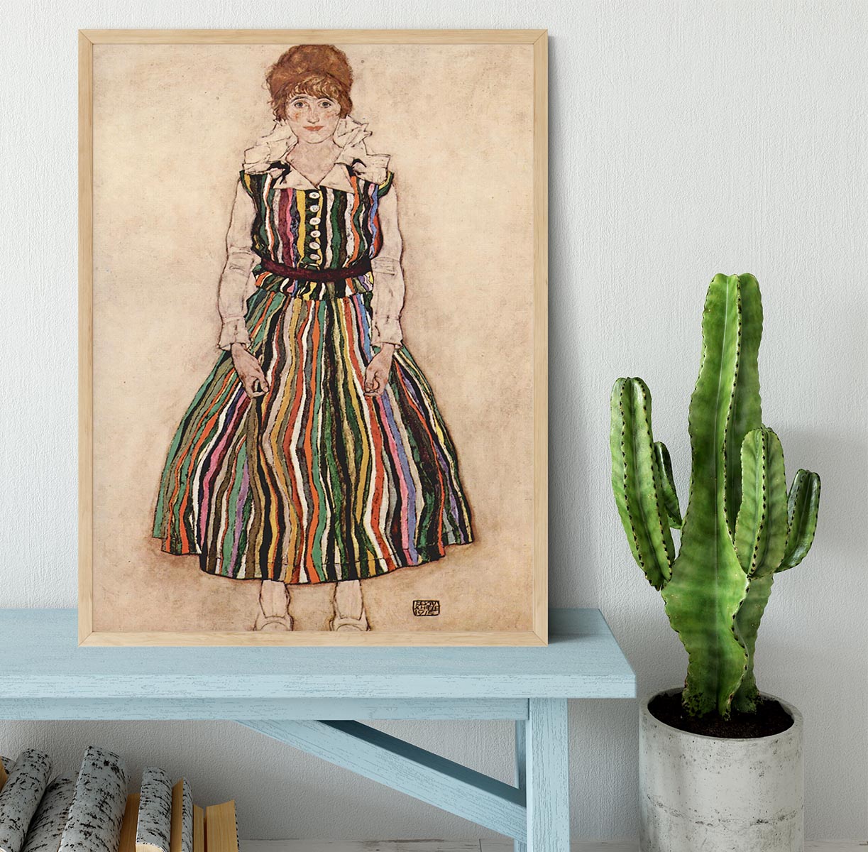 Portrait of Edith Egon Schiele in a striped dress by Egon Schiele Framed Print - Canvas Art Rocks - 4