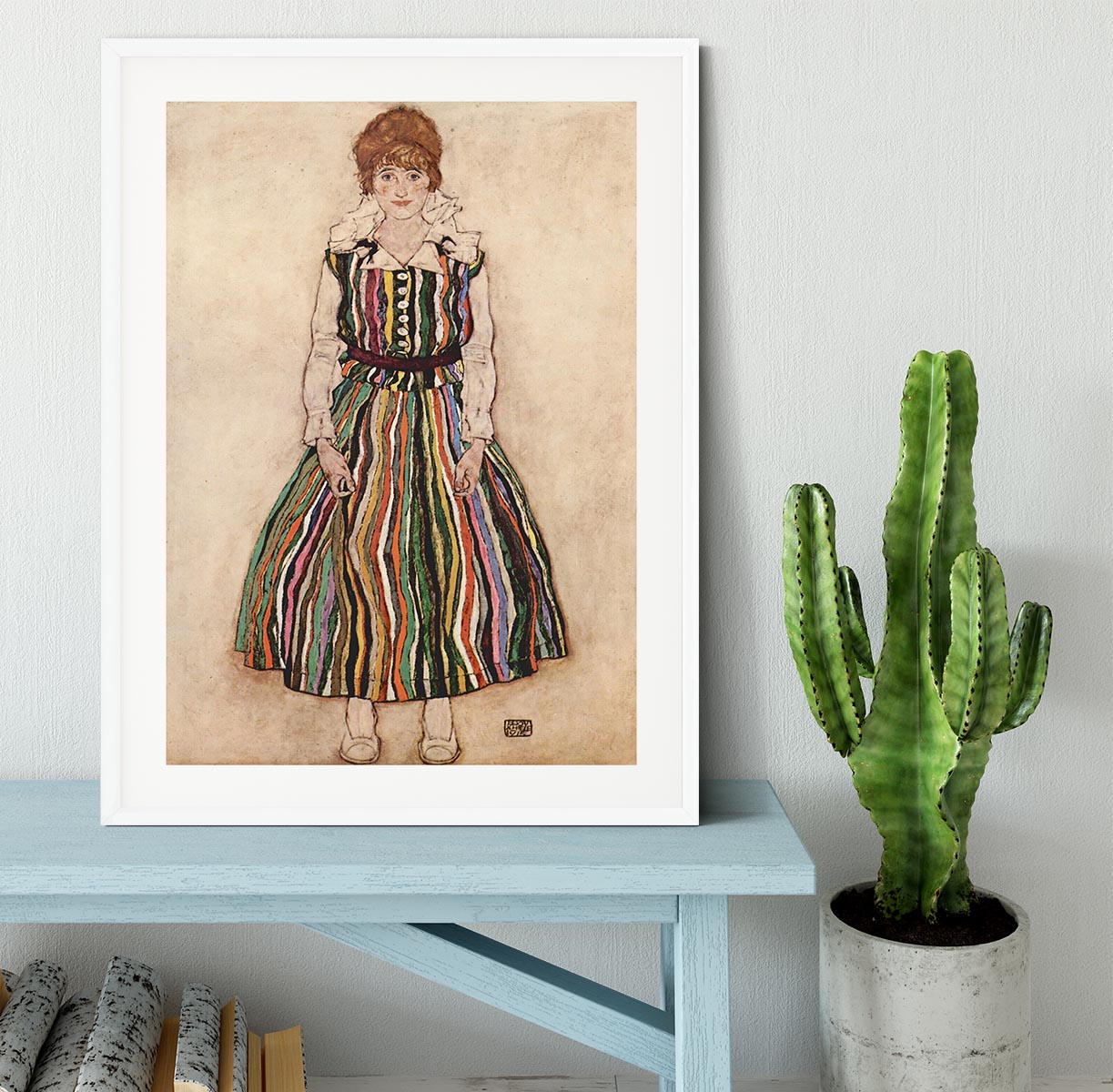 Portrait of Edith Egon Schiele in a striped dress by Egon Schiele Framed Print - Canvas Art Rocks - 5