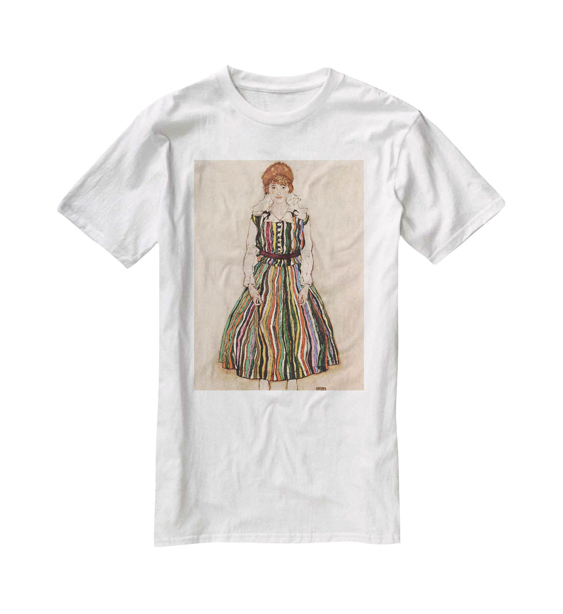 Portrait of Edith Egon Schiele in a striped dress by Egon Schiele T-Shirt - Canvas Art Rocks - 5