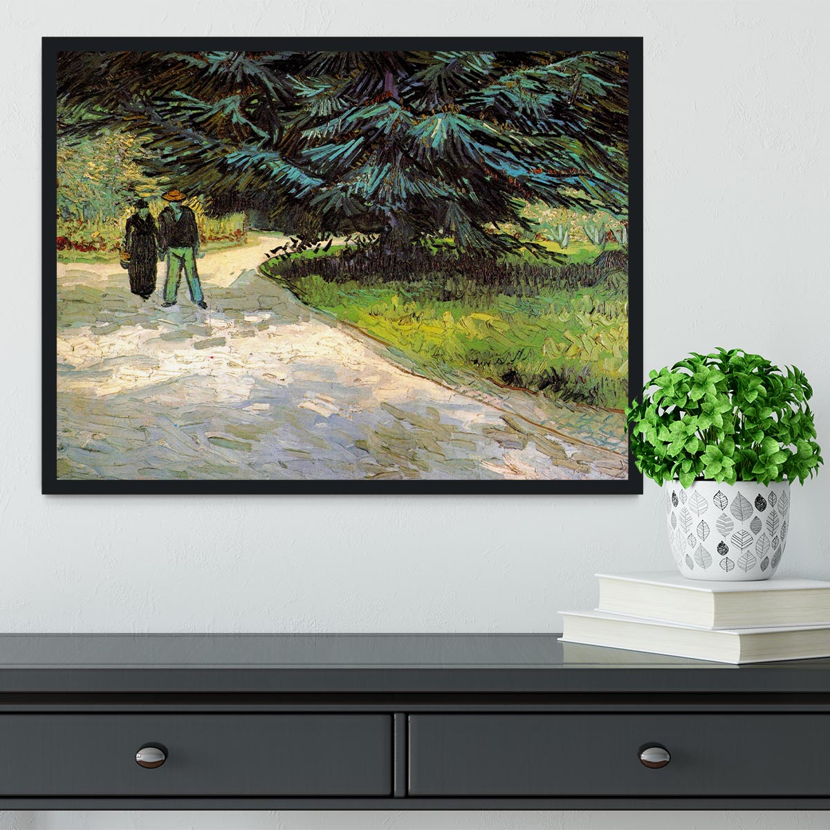 Public Garden with Couple and Blue Fir Tree The Poet s Garden III by Van Gogh Framed Print - Canvas Art Rocks - 2
