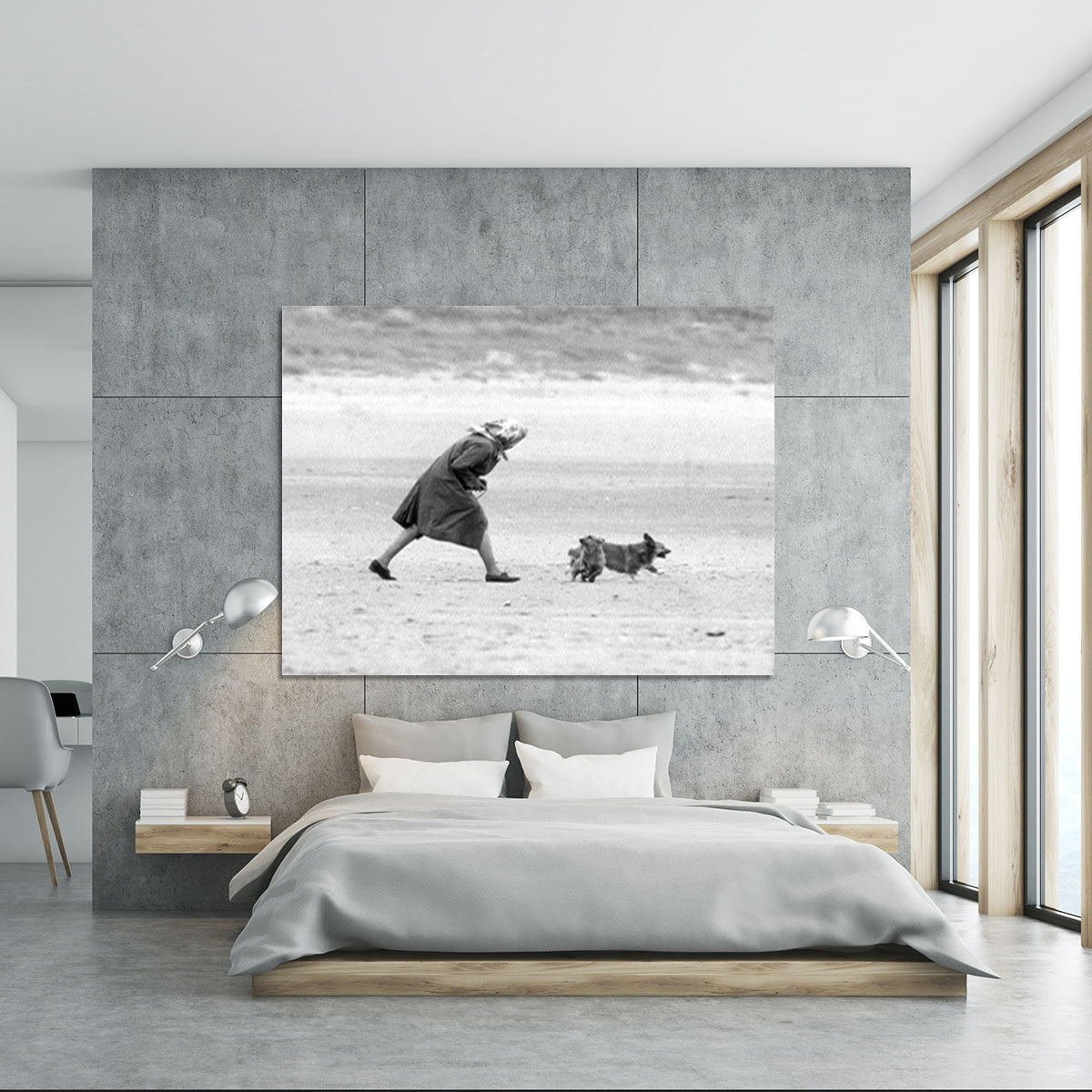Queen Elizabeth II walking her pet corgis on a Norfolk beach Canvas Print or Poster - Canvas Art Rocks - 5