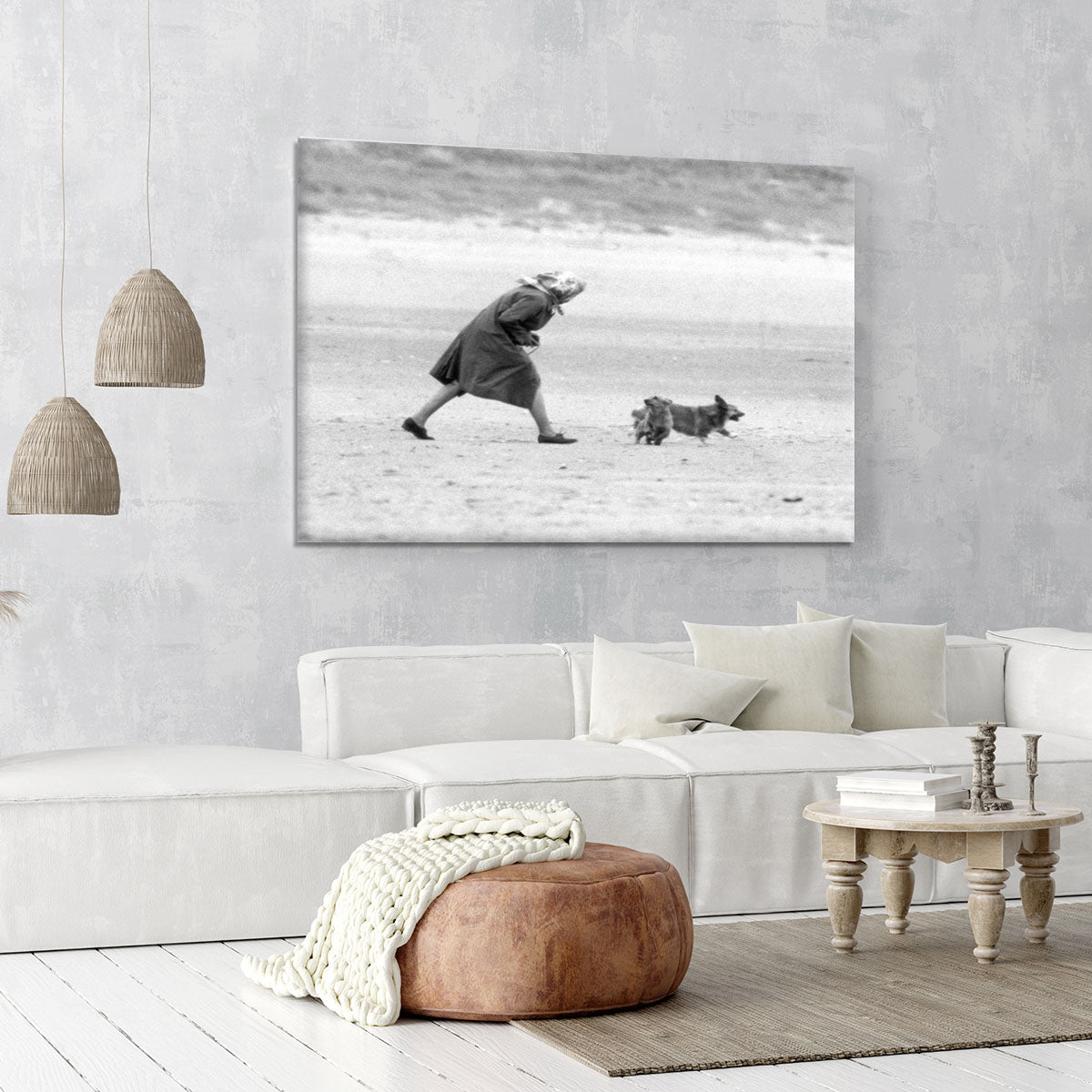 Queen Elizabeth II walking her pet corgis on a Norfolk beach Canvas Print or Poster - Canvas Art Rocks - 6