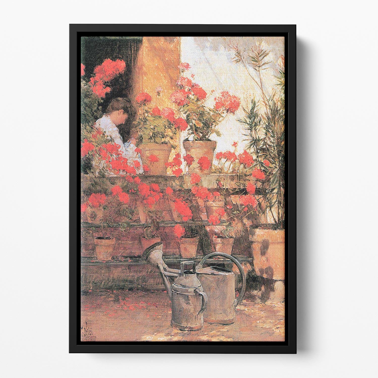 Red Geraniums by Hassam Floating Framed Canvas - Canvas Art Rocks - 2